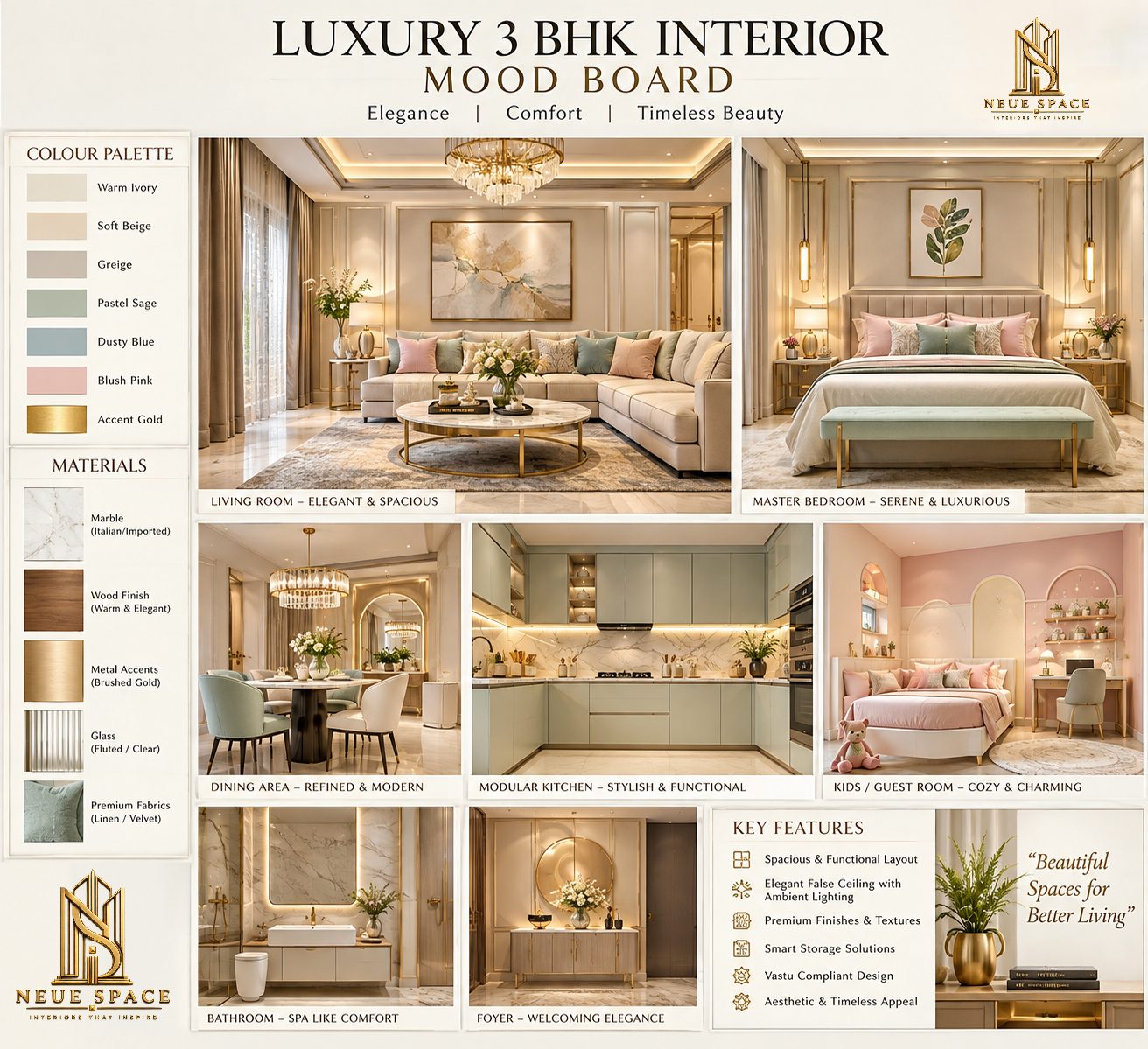 Luxury 3 BHK Interior Mood Board Design | Lifestyle | Neue Space | YESODI
