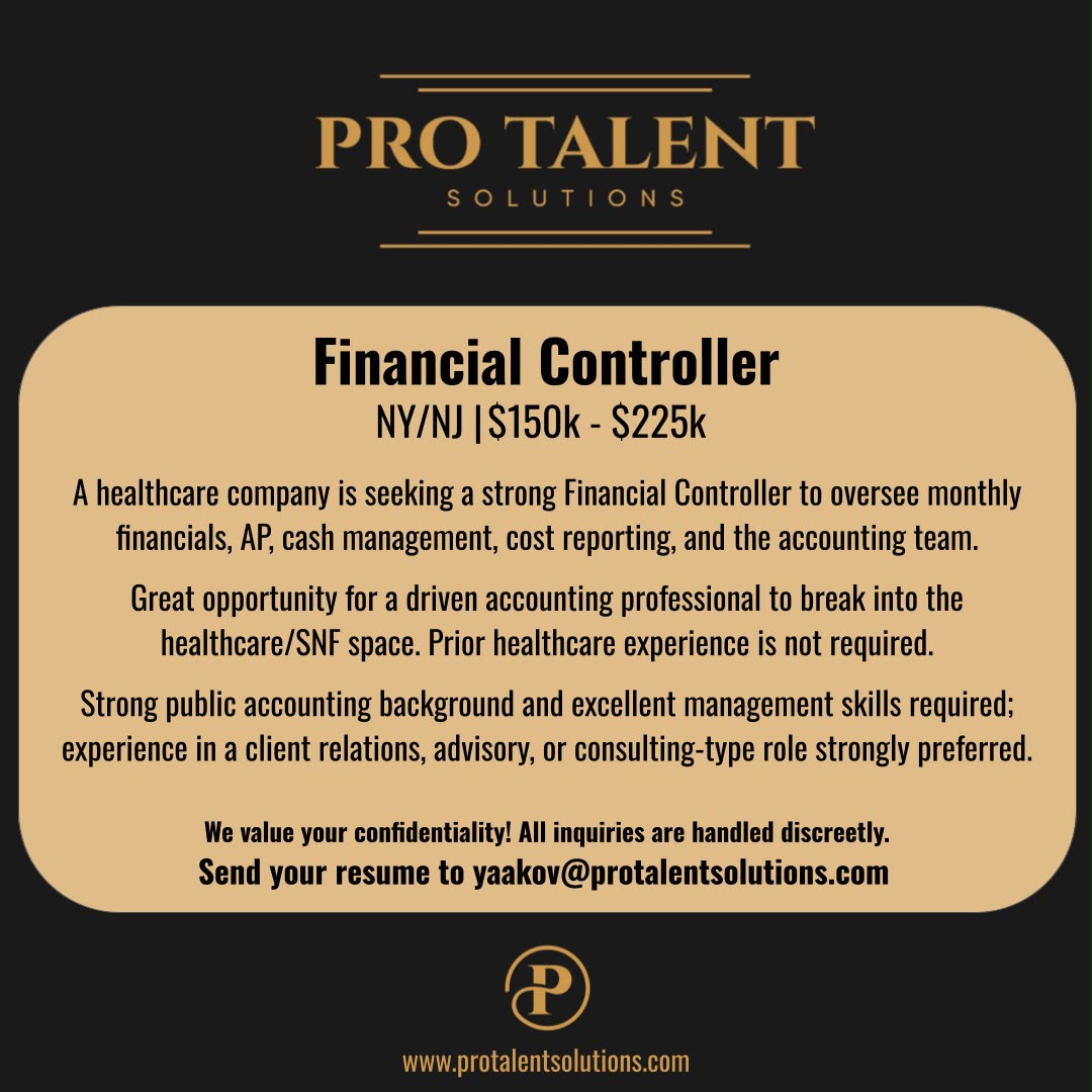 Financial Controller NY/NJ Healthcare Role | Business | Pro Talent Solutions | YESODI