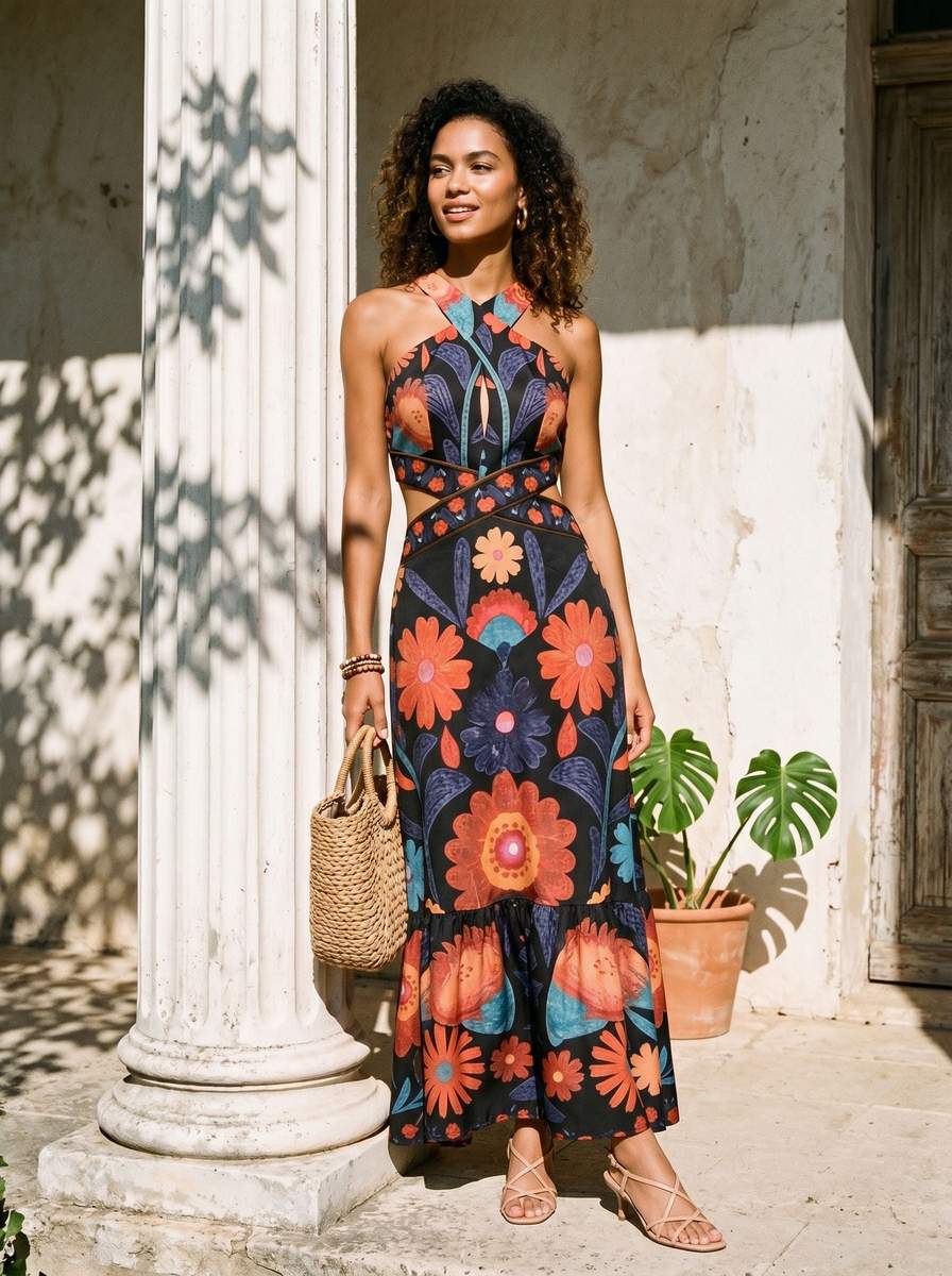 Floral Cutout Halter Maxi Dress