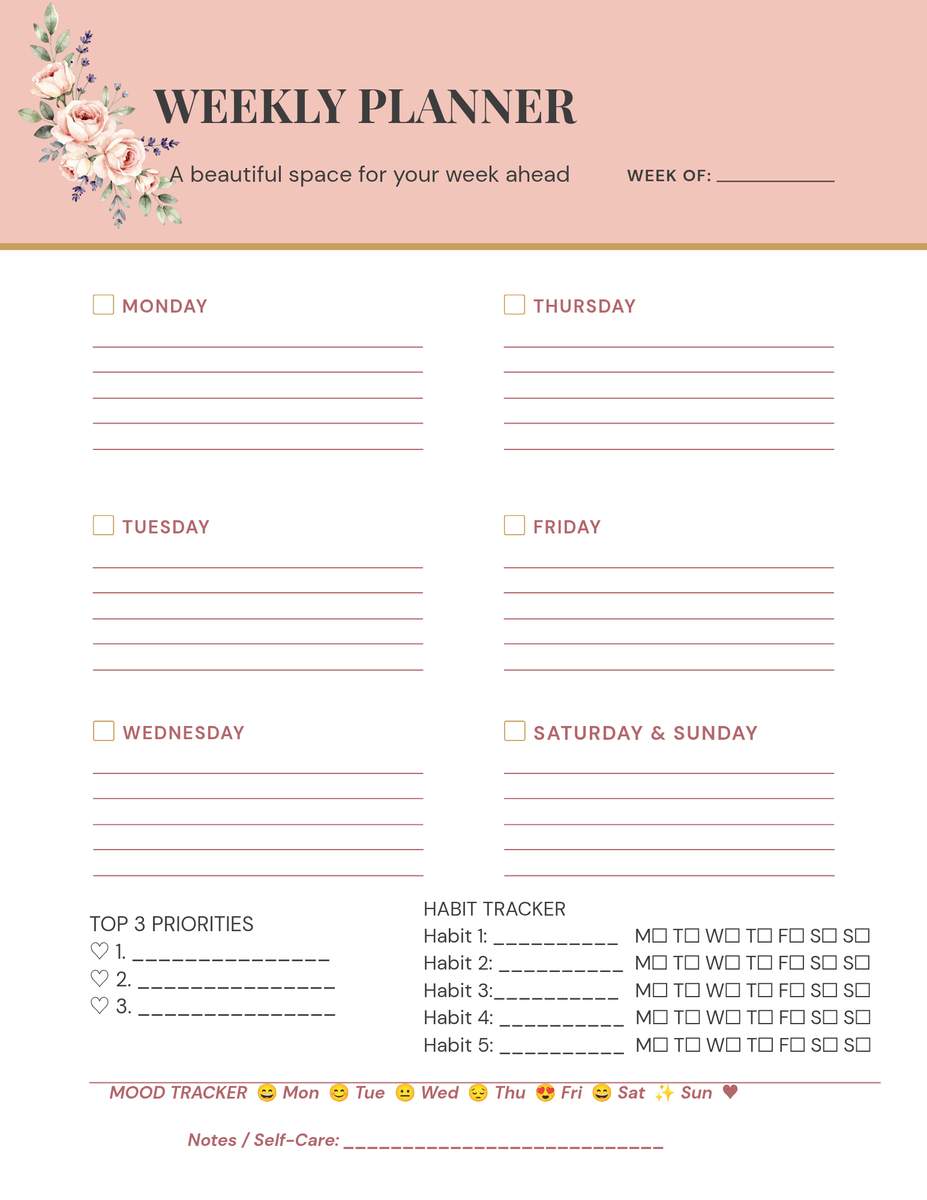Cute Weekly Planner Printable Digital Planner